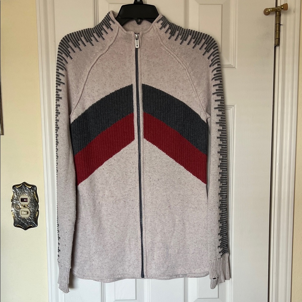 Smartwool Women's off white with gray and Red accents Zip-Up Cardigan